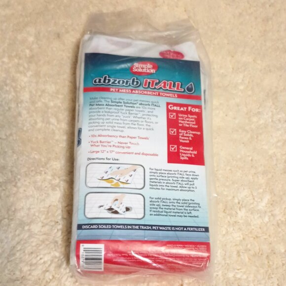 NWT ~ Simple Solution AbzorbITALL Pet Stain & Odor Absorbent Towels, 15 count - Picture 5 of 8